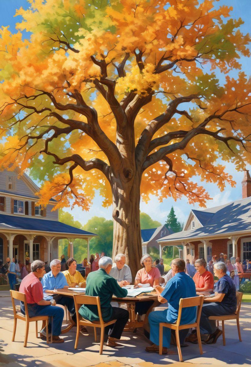 A serene and inviting scene of a community meeting beneath a large oak tree, with diverse individuals discussing financial documents and sharing smiles, symbolizing collaboration and trust in member-owned banks. In the background, a quaint local bank building is depicted, highlighting its accessibility and community focus. The atmosphere radiates warmth and inclusiveness, showcasing the advantages of affordable lending options. vibrant colors. painting.