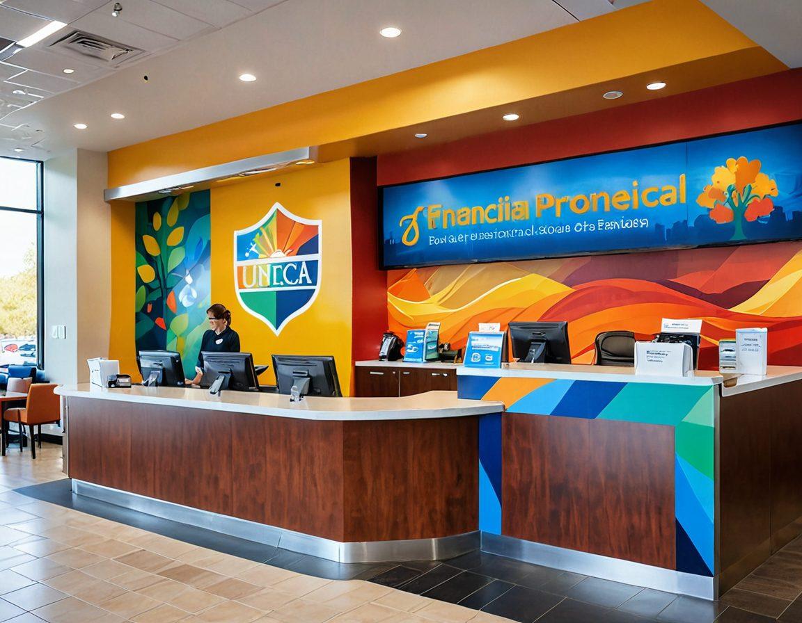 A warm, inviting scene of a community credit union, featuring friendly staff assisting diverse individuals and families at service desks. In the background, a colorful mural depicting local landmarks and community events symbolizes support and connection. Incorporate elements of financial protection, such as a shield motif integrated into the architecture. Bright and hopeful ambiance. vibrant colors. super-realistic.